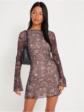 Motel Rocks Sevilla Long Sleeve Mini Dress in Botanical Dark Brown Size XS